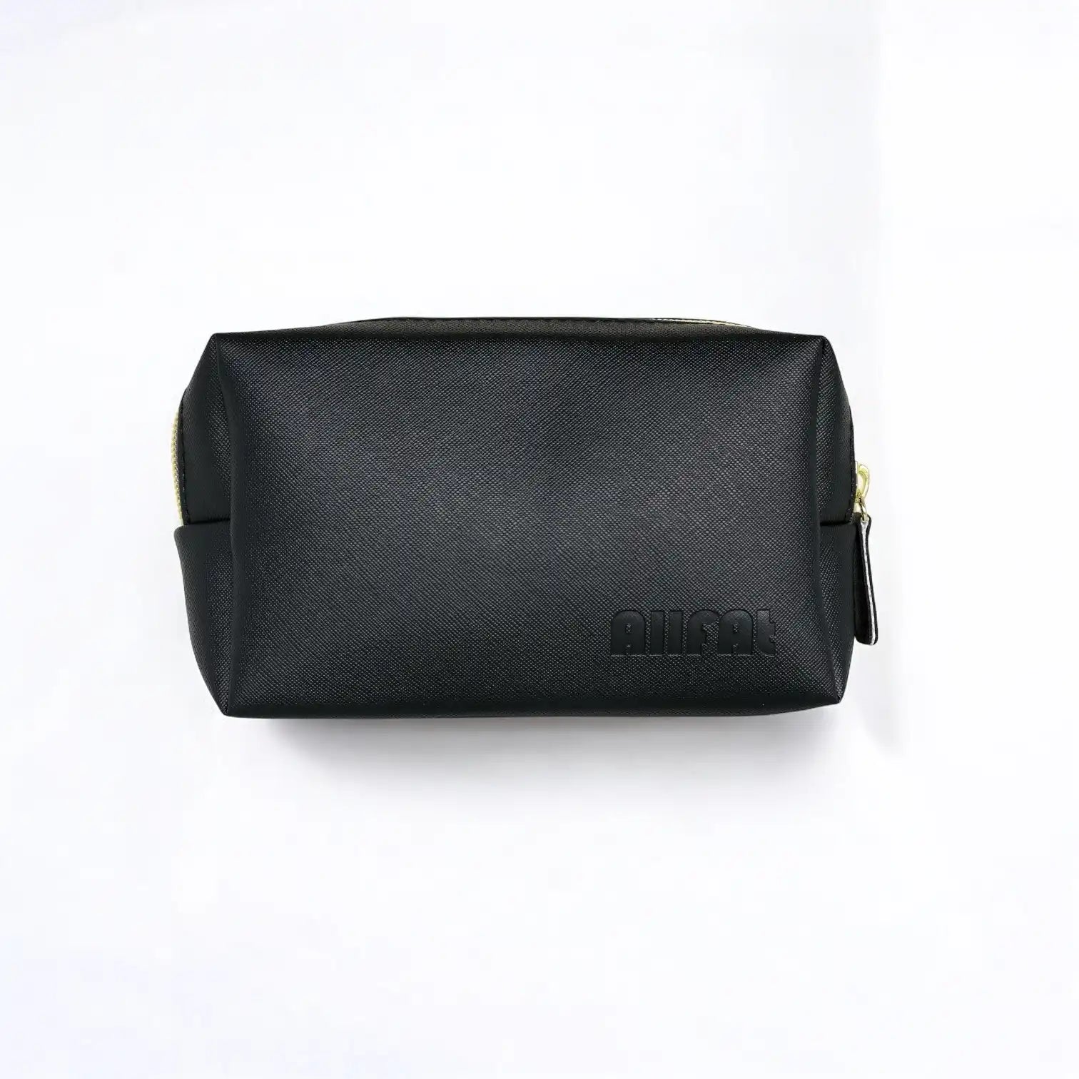 Black travel leather bag with gold zipper on a white background