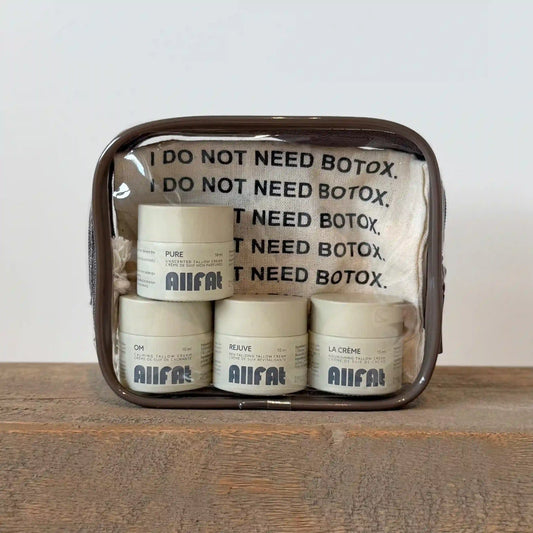 allfat small sample jars of tallow cream in a plastic pouch with a i do not need botox bag in the background. 